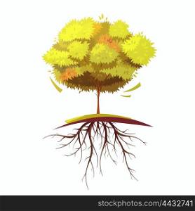 Tree With Root Retro Cartoon Illustration. Single autumn tree with root on white background retro cartoon flat isolated vector illustration