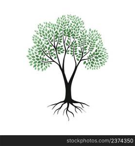 Tree with roots. Forest plant silhouette with leaves, branches and rhizome. Environment or ecology. Botanical isolated element. Green foliage. Strength trunk. Genealogy and origins. Vector nature logo. Tree with roots. Plant silhouette with leaves, branches and rhizome. Environment or ecology. Botanical element. Green foliage. Strength trunk. Genealogy and origins. Vector nature logo