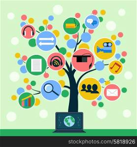 Tree with web icons on branch. Concept of social media, online education, e commerce, finance and business flat design