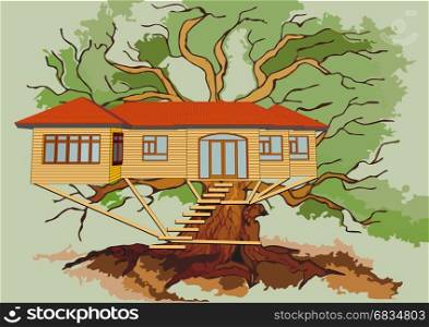 treehouse on branch of green oak