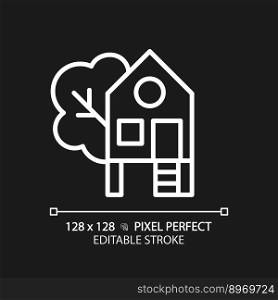 Treehouse pixel perfect white linear icon for dark theme. Building constructed on tree. Forest house for recreation. Thin line illustration. Isolated symbol for night mode. Editable stroke. Treehouse pixel perfect white linear icon for dark theme