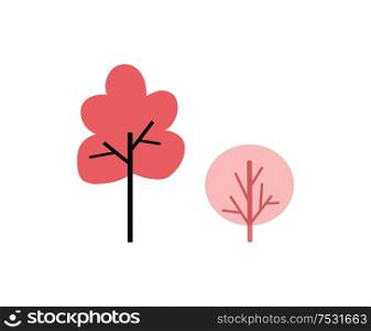 Trees and bushes of pink color, icons vector silhouettes of oak and birch doodles. Simple plants with branches in flat style cartoon design, forest signs. Trees and Bushes Pink Color Vector Silhouette Icon