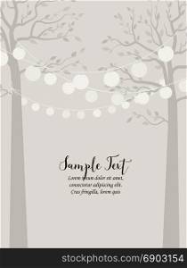 Trees and chain of lanterns. Vector illustration of trees with leaves and chain of lanterns. Invitation card, party celebration