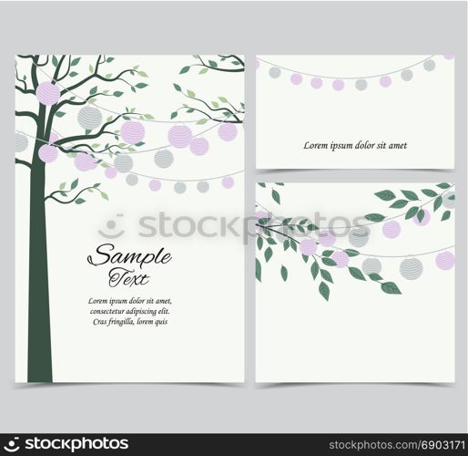 Trees and chain of lanterns. Vector illustration of trees with leaves and chain of lanterns. Invitation card, party celebration. Set of greeting cards
