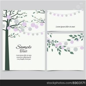 Trees and chain of lanterns. Vector illustration of trees with leaves and chain of lanterns. Invitation card, party celebration. Set of greeting cards