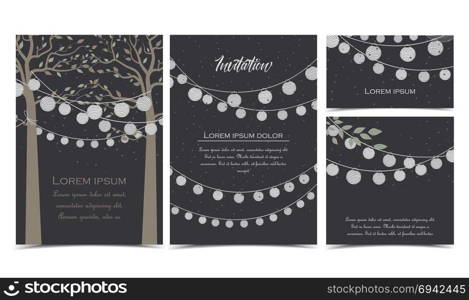 Trees and chain of lanterns. Vector illustration of trees with leaves and chain of lanterns. Invitation card, party celebration. Set of greeting cards