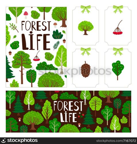 Trees banner tag card. Cartoon naturally forest panorama and vector elements with green tree set background. Trees banner tag card