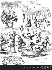 Trees donuts. Rain rotis. Fountain malvasia. Sugar molehills, vintage engraved illustration. Magasin Pittoresque 1842.