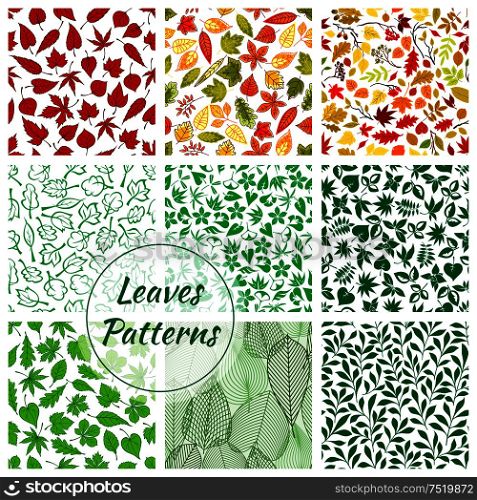 Trees foliage patterns. Green, yellow, red, orange, purple leaves of oak, maple, brown, elm with leafy branches. Isolated vector leaf silhouette outline icon. Color leaves seamless patterns set