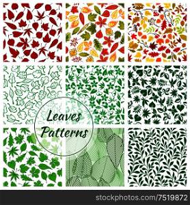 Trees foliage patterns. Green, yellow, red, orange, purple leaves of oak, maple, brown, elm with leafy branches. Isolated vector leaf silhouette outline icon. Color leaves seamless patterns set