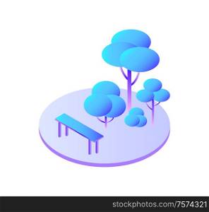 Trees forest with bushes and bench to sit isolated icon vector. Green zone of modern city, vegetation ecological spot of town. Foliage and leaves. Trees Forest with Bushes and Bench to Sit Icon