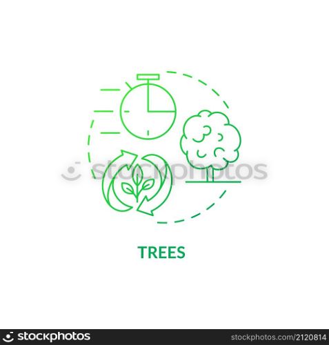 Trees green gradient concept icon. Renewable natural resource abstract idea thin line illustration. Biomass energy source on farm. Isolated outline drawing. Roboto-Medium, Myriad Pro-Bold fonts used. Trees green gradient concept icon