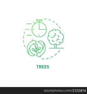 Trees green gradient concept icon. Renewable natural resource abstract idea thin line illustration. Biomass energy source on farm. Isolated outline drawing. Roboto-Medium, Myriad Pro-Bold fonts used. Trees green gradient concept icon