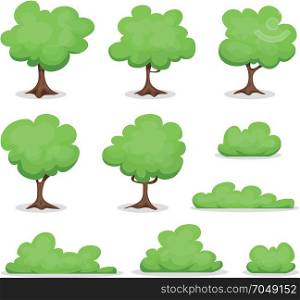 Trees, Hedges And Bush Set. Illustration of a set of cartoon spring or summer trees and other green forest elements, with bush, hedges