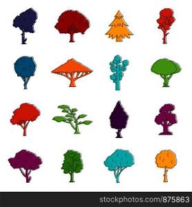 Trees icons set. Doodle illustration of vector icons isolated on white background for any web design. Trees icons doodle set