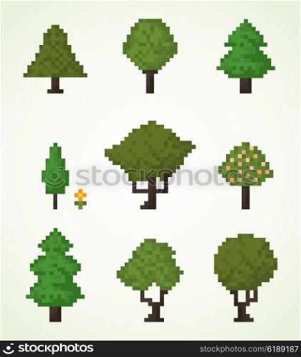 Trees in pixel art style. Vector illustration