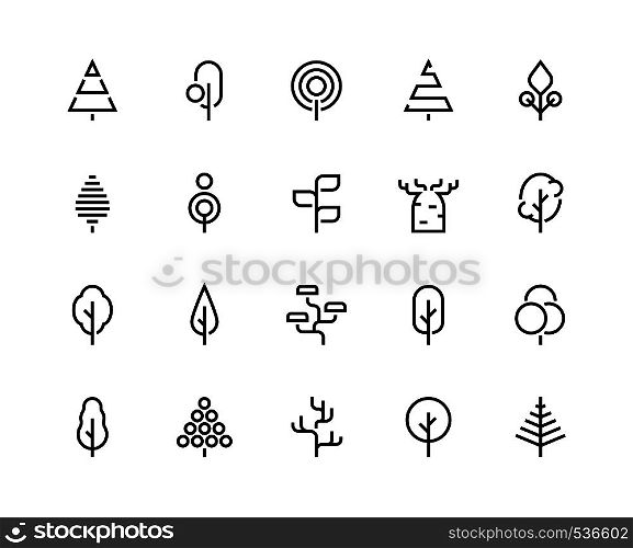Trees line icons. Simple minimalist plants, organic geometric abstract shapes of leaves and pine forest trees. Vector beauty tree logo set. Trees line icons. Simple minimalist plants, organic geometric abstract shapes of leaves and pine forest trees. Vector tree logo