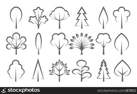 Trees linear icons set. Vector tree icon illustration. Trees linear icons, plant sign silhouettes isolated on white background for eco logo or landscape design