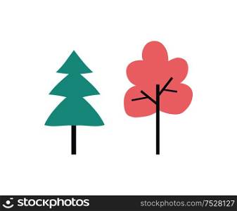 Trees pine with branches ecological natural plants with leaves vector. Garden and wood with timber, fir with needles. Biodiversity of nature and flora. Trees Pine with Branches Natural Plants Vector