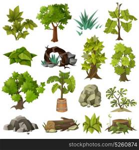 Trees Plants Landscape Gardening Elements Collection . Green tropical exotic plants forest trees and modern landscape gardening design elements icons collection isolated vector illustration