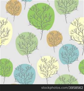 Trees seamless pattern. Trees with colored foliage. Vintage retro fabric background. Vector ornament&#xA;
