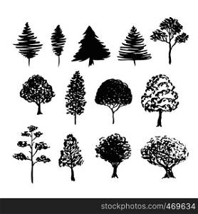 Trees silhouette vector decoration. Hand drawn sketches isolated set.. Trees silhouette vector decoration. Hand drawn sketches isolated set
