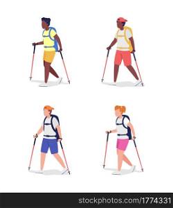 Trekkers semi flat color vector character set. Hikers figures. Full body people on white. Outdoor activity isolated modern cartoon style illustration for graphic design and animation collection. Trekkers semi flat color vector character set