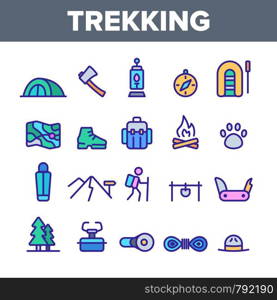Trekking, Backpack Travel Vector Linear Icons Set. Trekking, Camping And Hiking Active Holiday Outline Symbols Pack. Map, Tent, Backpacker Isolated Contour Illustration. Adventure, Extreme Vacation. Trekking, Backpack Travel Vector Linear Icons Set