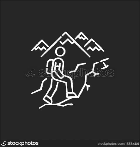 Trekking chalk white icon on black background. Nature tourism, backpacking. Outdoor recreational activity, challenging hiking trail. Tourist with backpack. Isolated vector chalkboard illustration. Trekking chalk white icon on black background