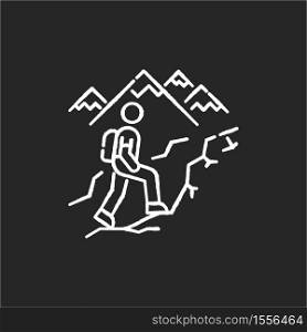 Trekking chalk white icon on black background. Nature tourism, backpacking. Outdoor recreational activity, challenging hiking trail. Tourist with backpack. Isolated vector chalkboard illustration. Trekking chalk white icon on black background
