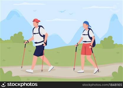 Trekking flat color vector illustration. Backpackers on road. Recreational activity for weekend. Boyfriend and girlfriend walking on trail 2D cartoon characters with landscape on background. Trekking flat color vector illustration