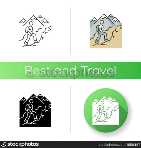 Trekking icon. Linear black and RGB color styles. Nature tourism, backpacking. Outdoor recreational activity, challenging hiking trail. Tourist with backpack. Isolated vector illustrations. Trekking icon