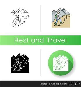 Trekking icon. Linear black and RGB color styles. Nature tourism, backpacking. Outdoor recreational activity, challenging hiking trail. Tourist with backpack. Isolated vector illustrations. Trekking icon