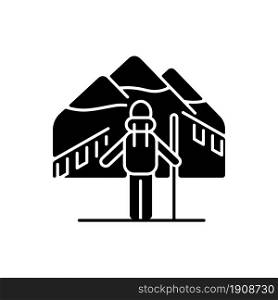 Trekking in Nepal black glyph icon. Mountaineering destination. Hiking through Himalayas. Climbing seasons. Travel experience. Silhouette symbol on white space. Vector isolated illustration. Trekking in Nepal black glyph icon