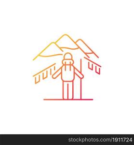 Trekking in Nepal gradient linear vector icon. Mountaineering destination. Hiking through Himalayas. Climbing seasons. Thin line color symbol. Modern style pictogram. Vector isolated outline drawing. Trekking in Nepal gradient linear vector icon