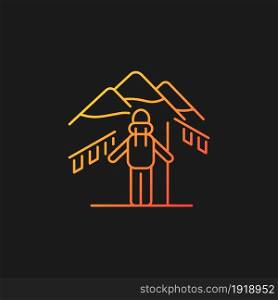 Trekking in Nepal gradient vector icon for dark theme. Mountaineering destination. Hiking through Himalayas. Thin line color symbol. Modern style pictogram. Vector isolated outline drawing. Trekking in Nepal gradient vector icon for dark theme
