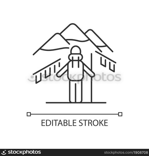 Trekking in Nepal linear icon. Mountaineering destination. Hiking through Himalayas. Thin line customizable illustration. Contour symbol. Vector isolated outline drawing. Editable stroke. Trekking in Nepal linear icon