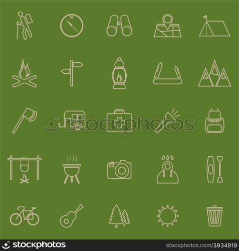 Trekking line color icons on green background, stock vector