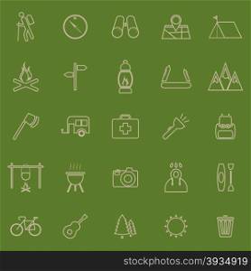 Trekking line color icons on green background, stock vector