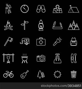 Trekking line icons on black background, stock vector