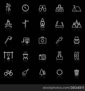 Trekking line icons with reflect on black background, stock vector