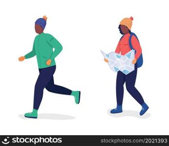 Trekking people semi flat color vector character set. Posing figures. Full body people on white. Winter outdoor recreation isolated modern cartoon style illustration for graphic design and animation. Trekking people semi flat color vector character set