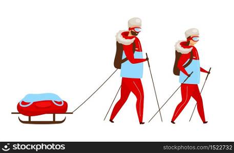 Trekking team flat color vector illustration. Backpackers with sleigh nordic walking. Explorers hiking. Arctic expedition group. Woman and man isolated cartoon character on white background