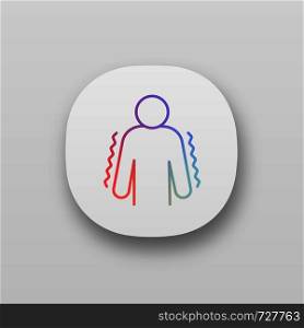 Trembling app icon. UI/UX user interface. Anxiety. Shaking body. Worrying and afraid person. Chills. Physiological stress symptoms. Web or mobile application. Vector isolated illustration. Trembling app icon
