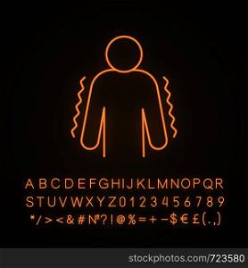 Trembling neon light icon. Anxiety. Shaking body. Worrying and afraid person. Chills. Physiological stress symptoms. Glowing sign with alphabet, numbers and symbols. Vector isolated illustration. Trembling neon light icon