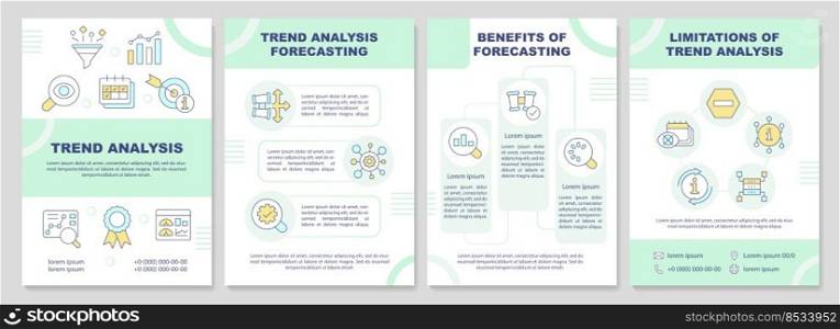 Trend analysis in forecasting green brochure template. Leaflet design with linear icons. Editable 4 vector layouts for presentation, annual reports. Arial-Black, Myriad Pro-Regular fonts used. Trend analysis in forecasting green brochure template