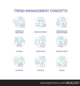 Trend management blue gradient concept icons set. Tendencies analysing process. Business strategy idea thin line color illustrations. Isolated symbols. Roboto-Medium, Myriad Pro-Bold fonts used. Trend management blue gradient concept icons set