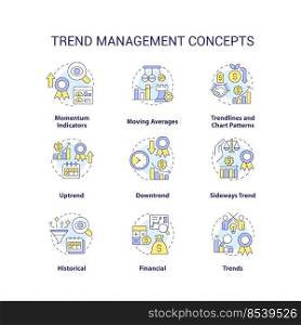 Trend management concept icons set. Tendencies analysing process. Business strategy idea thin line color illustrations. Isolated symbols. Editable stroke. Roboto-Medium, Myriad Pro-Bold fonts used. Trend management concept icons set