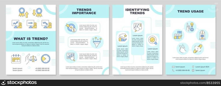 Trend management turquoise brochure template. Trading success. Leaflet design with linear icons. Editable 4 vector layouts for presentation, annual reports. Arial-Black, Myriad Pro-Regular fonts used. Trend management turquoise brochure template