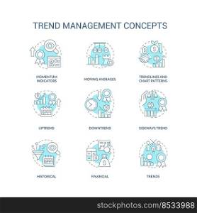Trend management turquoise concept icons set. Tendencies analysing process. Strategy idea thin line color illustrations. Isolated symbols. Editable stroke. Roboto-Medium, Myriad Pro-Bold fonts used. Trend management turquoise concept icons set